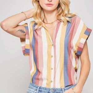 Promesa Pink and Yellow Cap Sleeve Button Down Shirt